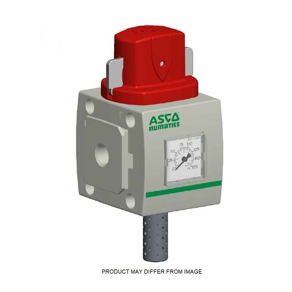 8652A3M03R27300 NUMATICS/AVENTICS SHUT-OFF VALVE 652 SERIES 3/2 3/8" NPT, 1/4" NPT EXHAUST, PE MUFFLER, ROUND PSI GAUGE (REVERSE FLOW)
